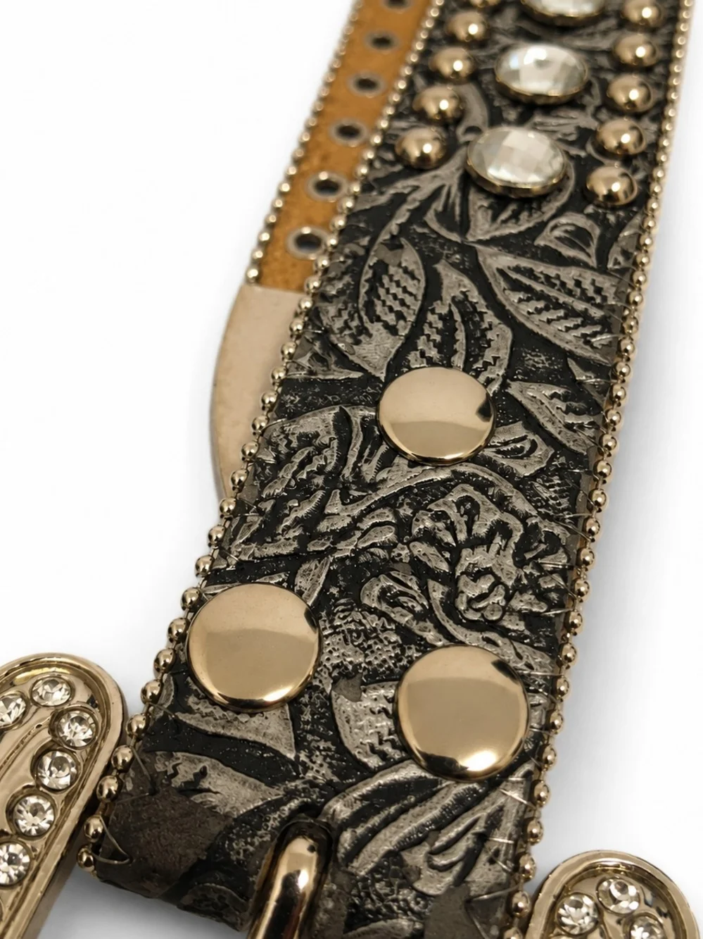 Embellished Floral Leather Belt With Silver Buckle